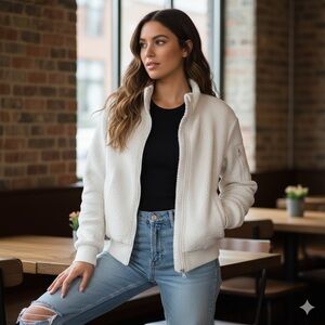 Alo Yoga Sherpa Varsity Jacket - Cream/Ivory Full Zip Fleece Bomber